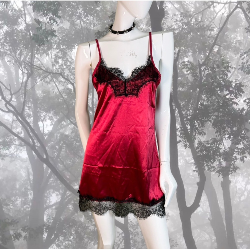 Red Satin Black Lace Trim Slip Dress | Lingerie Mini | Adjustable Straps Gothic‎